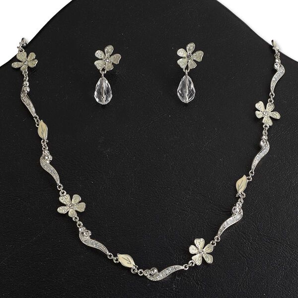 Necklace and earring set, Everyday Jewelry, epoxy / acrylic / crystals / rhodium-finished "pewter" (zinc-based alloy), white / clear / crystal clear with glitter, flower, 16 inches with fold-over clasp, 1-1/8 inch earrings with post. Sold per set. image number 0