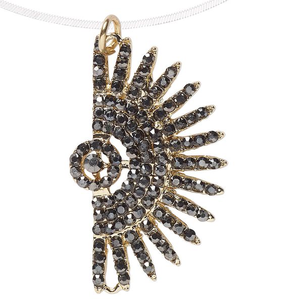 Focal, gold-finished "pewter" (zinc-based alloy) / gold-finished steel / glass, hemalyke black, 39x23.5mm single-sided fan with jump ring. Sold individually. image number 0