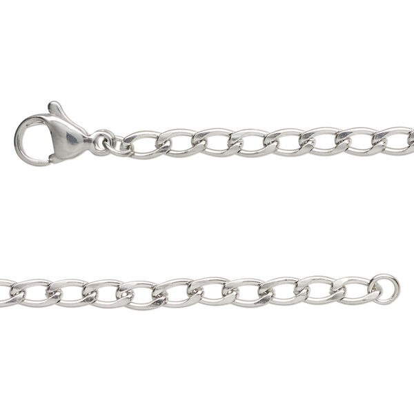 Chain, stainless steel, 3mm flat curb, 24 inches with lobster claw clasp Sold per pkg of 2. image number 0