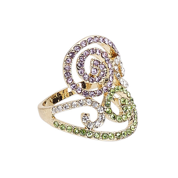 Ring, Egyptian glass rhinestone and gold-finished "pewter" (zinc-based alloy), clear / green / pink, 28mm wide with swirl design, size 9. Sold individually. image number 0