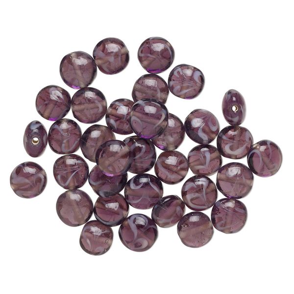 Bead, lampworked glass, translucent purple, 12mm puffed flat round. Sold per 2-ounce pkg, approximately 30 beads. image number 0