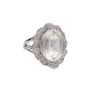 Ring, Almost Instant Jewelry®, rhodium-plated sterling silver and cubic zirconia, clear, 21.5mm wide with fancy design and 14x10mm oval glue-in setting, size 7. Sold individually.
