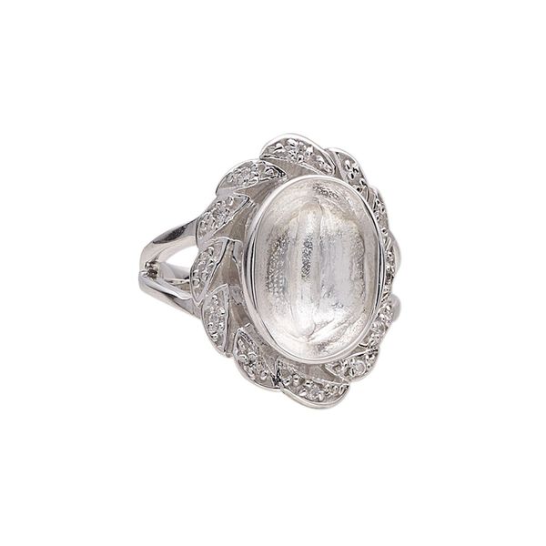 Ring, Almost Instant Jewelry®, rhodium-plated sterling silver and cubic zirconia, clear, 21.5mm wide with fancy design and 14x10mm oval glue-in setting, size 7. Sold individually. image number 0