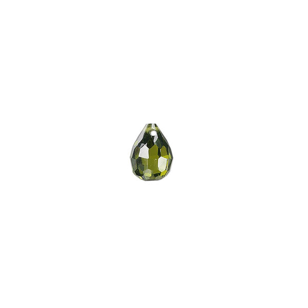 Bead, cubic zirconia, olive green, 8x6mm top-drilled faceted teardrop, Mohs hardness 8-1/2. Sold per pkg of 2. image number 0