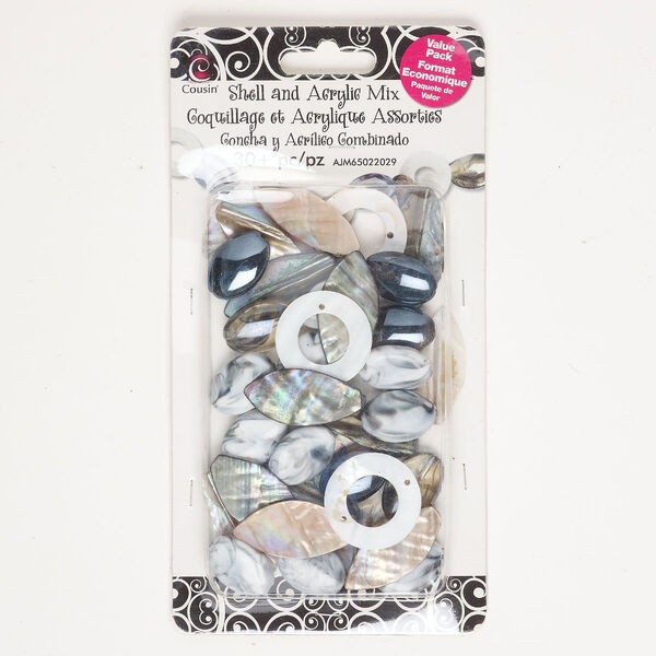 Bead / component / link mix 1pkg30, mother-of-pearl shell (natural) / black lip shell (natural) / acrylic, multicolored, 27x19mm-46x23mm mixed shapes. image number 0