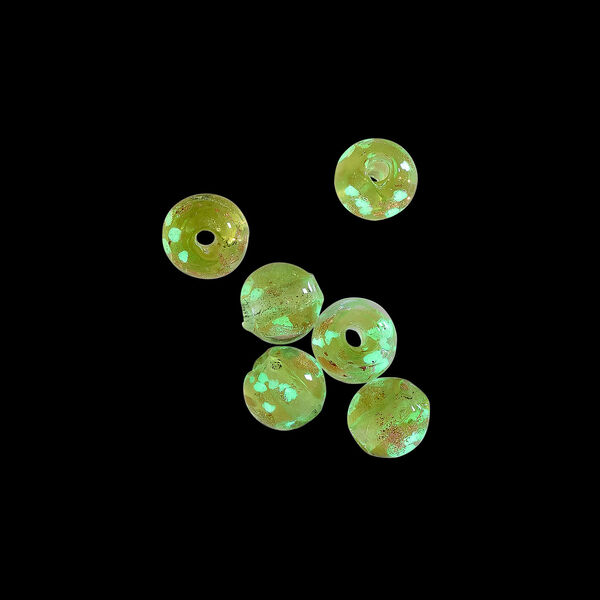 Bead, lampworked glass, clear / peridot green / glow-in-the-dark / gold, 6mm round. Sold per pkg of 6. image number 1