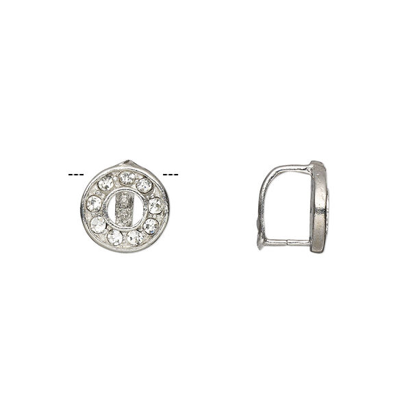 Bail, ice-pick, Egyptian glass rhinestone and imitation rhodium-plated brass, clear, 10mm round donut with 7x5.5mm grip length. Sold per pkg of 6. image number 0