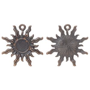 Drop, glue-in, antique copper-finished "pewter" (zinc-based alloy), 27mm single-sided sun with 8mm round setting. Sold per pkg of 4.