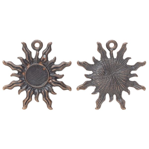 Drop, glue-in, antique copper-finished "pewter" (zinc-based alloy), 27mm single-sided sun with 8mm round setting. Sold per pkg of 4. image number 0