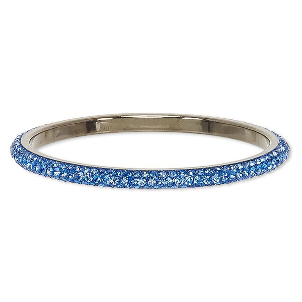 Bracelet, bangle, epoxy / Preciosa glass rhinestone / gunmetal-plated brass, black and royal blue, 6mm wide, 8-1/2 inches. Sold individually. image number 0