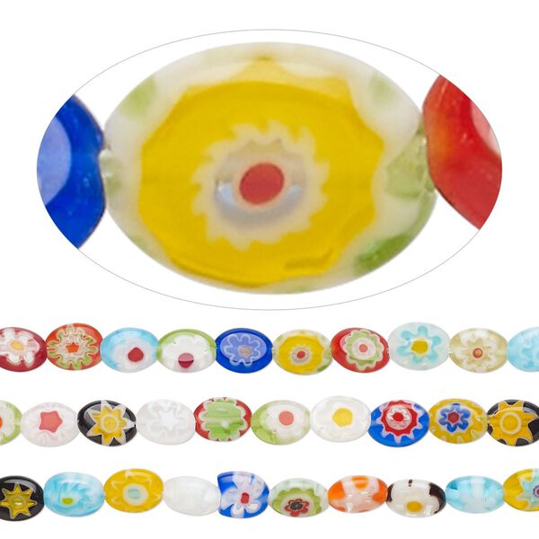 Bead mix, millefiori glass, translucent multicolored, 8x6mm oval with flower design. Sold per pkg of (3) 14-inch strands. image number 0