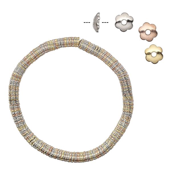 Bead cap, gold- / silver- / copper-plated steel, 5x1.5mm flower, fits 6-8mm bead. Sold per 6-1/2 inch strand, approximately 300 bead caps. image number 0