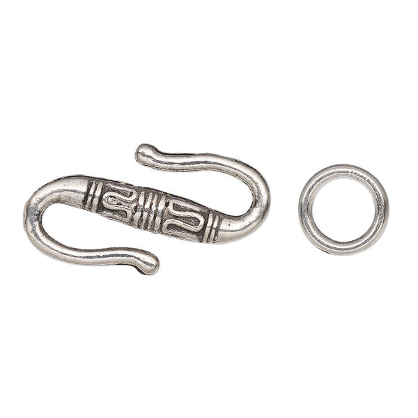 Clasp, S-hook, antique silver-finished "pewter" (zinc-based alloy), 22x12mm Bali style with (2) 9mm soldered jump rings. Sold per pkg of 10. image number 0