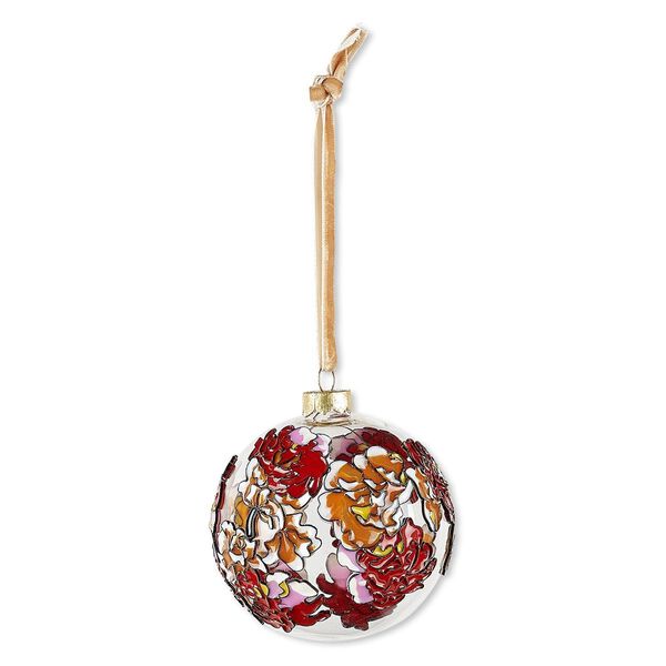 Ornament, glass / enamel / velveteen ribbon / black-finished copper / gold-finished brass / steel, clear and multicolored, 3-inch round with flower design. Sold individually. image number 0