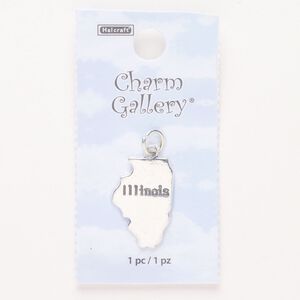 Charm, steel and enamel, pkg/1, silver finish and black, 22x15mm with "Illinois."