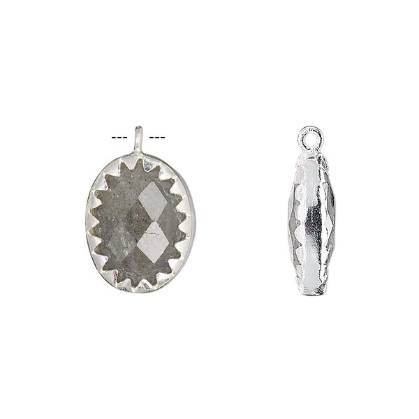 Drop, labradorite (natural) and sterling silver, 15x11mm double-sided faceted oval. Sold individually. image number 0