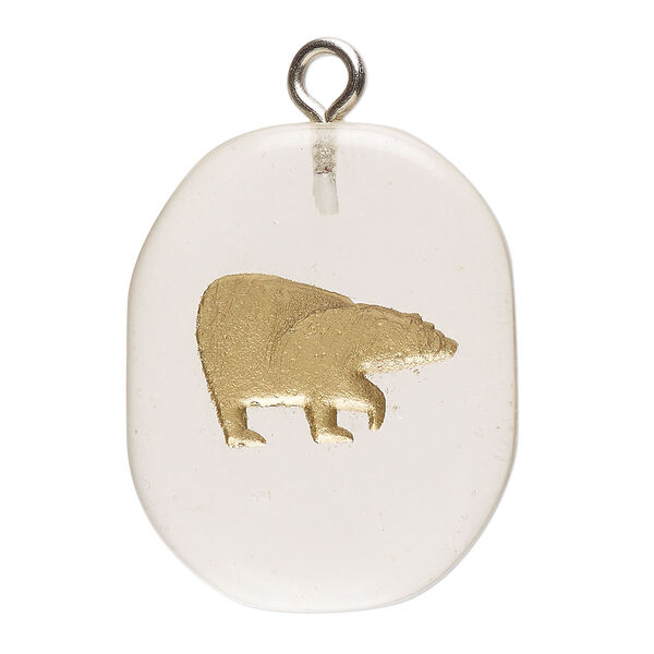 Focal, steel / glass / enamel, pkg/1, 32x23mm-36x28mm puffed freeform with bear, silver finish / clear / gold. image number 0