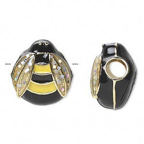 Slide, Dione®, gold-finished "pewter" (zinc-based alloy) and enamel, black and yellow, 20x18mm single-sided bee with glittered wings, 5mm hole. Sold individually. image number 0