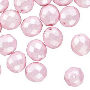 Czech fire-polished glass 1pkg1, faceted round bead dipped décor opaque pearlescent light pink 1/2 mass 10mm