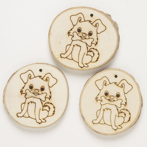 Focal 1pkg3, wood (natural), tan and black, 3x3-1/4 to 3x3-1/2 inch top-drilled uneven round with dog. image number 0