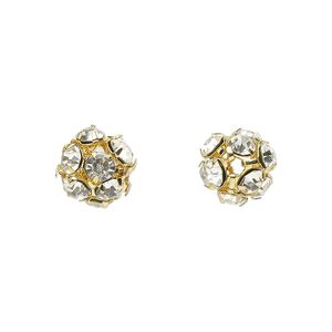 Bead, glass rhinestone and gold-finished brass, clear, 8mm round. Sold per pkg of 10.
