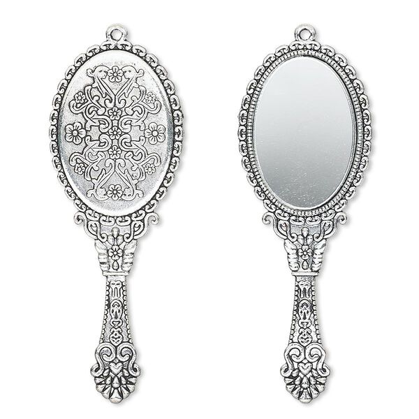 Focal, glass and antique silver-plated "pewter" (zinc-based alloy), 70x26mm single-sided hand mirror. Sold individually. image number 0
