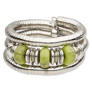 Bracelet, magnesite (dyed / stabilized) / steel memory wire / silver-coated plastic / silver-plated steel, green, 33mm wide spiral, 7-inch adjustable. Sold individually.