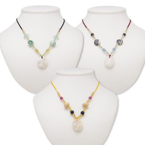 Necklace mix, quartzite / multi-gemstone (natural / dyed) / nylon / acrylic / glass, multicolored, 30x25mm-31x26mm wavy oval, 20- to 24-inch continuous loop. Sold per pkg of 3. image number 0