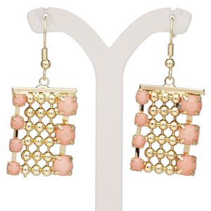 Earring, acrylic rhinestone and gold-finished brass, pink, 46mm with fishhook ear wire. Sold per pair.