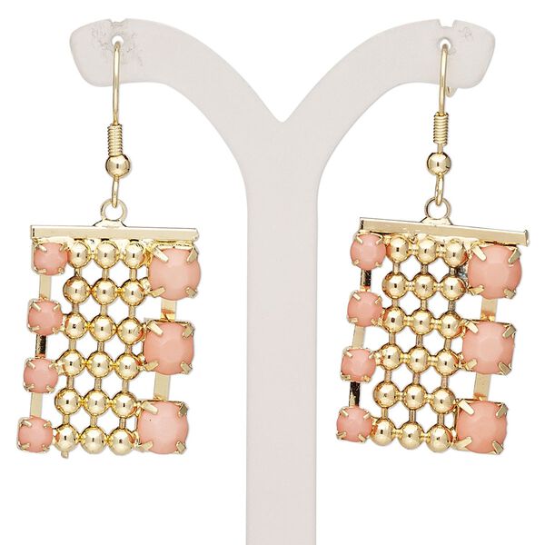 Earring, acrylic rhinestone and gold-finished brass, pink, 46mm with fishhook ear wire. Sold per pair. image number 0