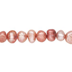 Pearl, cultured freshwater (dyed), flamingo, 5-7mm flat-sided potato with 0.4-0.5mm hole, D grade, Mohs hardness 2-1/2 to 4. Sold per 15-inch strand.