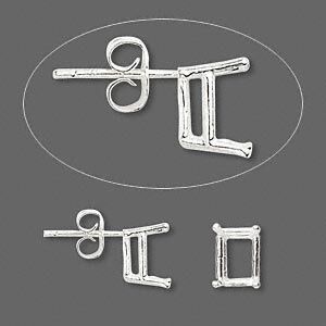 Earstud 1pkg2 Sure-Set™ sterling silver, 8x6mm emerald cut pre-notched 4-prong basket-style setting / earnuts, 1 pair
