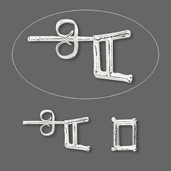 Earstud, Sure-Set™, sterling silver, 8x6mm with 4-prong emerald-cut basket setting. Sold per pair. image number 0