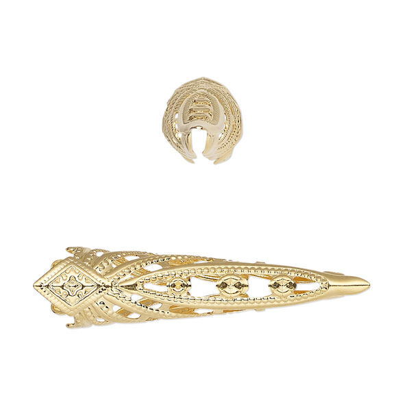 Cone, gold-plated brass, 35x9mm filigree, 8mm inside diameter. Sold per pkg of 6. image number 0