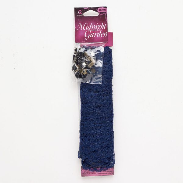 Ribbon and finding assortment 1pkg25 antique brass- / black- / imitation rhodium-finished steel and lace, navy blue, 1 inch flat / 6x5.5mm steel textured ribbon crimp end / 9x4.5mm fold-over cord end. image number 0