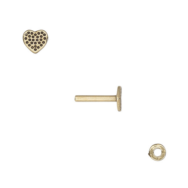 Washer and brad, antiqued brass, 4x0.7mm and 11x6mm with 6x5.5mm heart with dot design and 1.5mm post diameter. Sold per pkg of (2) 2-piece sets. image number 0