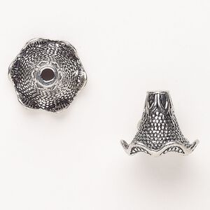 Cone, "pewter" (zinc-based alloy), pkg/2, 22x18mm textured bellflower, antique silver finish.