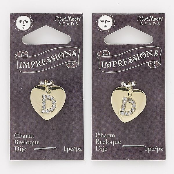 Charm, gold-finished "pewter" (zinc-based alloy) / steel / acrylic rhinestone, clear, 15.5x15mm single-sided puffed heart with letter "D." Sold per pkg of 2. image number 0