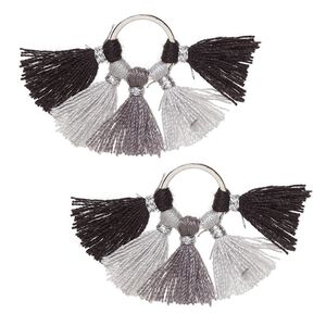 Component, cotton and silver-finished brass, black and grey, 28x20mm tassel. Sold per pkg of 2.