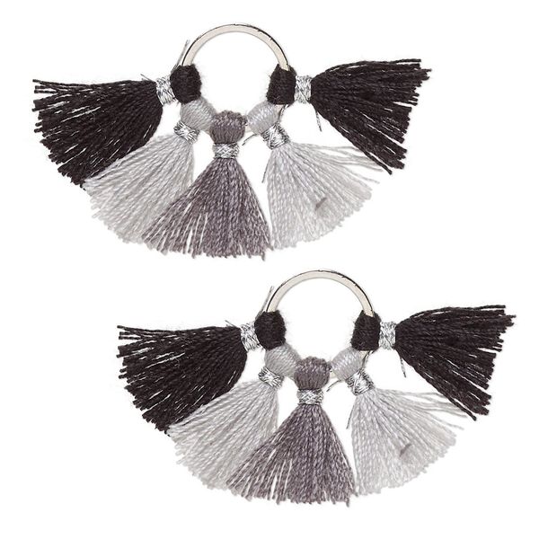 Component, cotton and silver-finished brass, black and grey, 28x20mm tassel. Sold per pkg of 2. image number 0