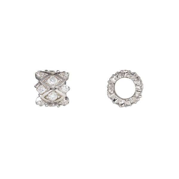 Bead, cubic zirconia and rhodium-plated sterling silver, clear, 9x8mm fancy tube with diamond design. Sold individually. image number 0