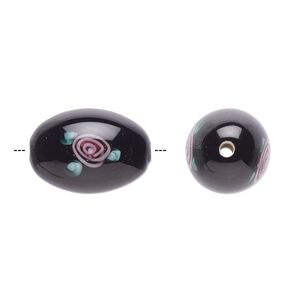 Bead, Czech lampworked glass, opaque black / pink / green, 15x10mm-16x11mm olive with flower design. Sold per pkg of 2.