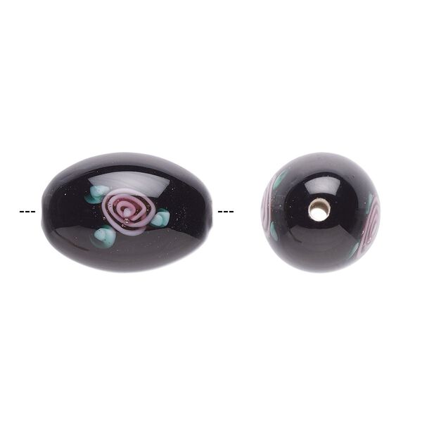 Bead, Czech lampworked glass, opaque black / pink / green, 15x10mm-16x11mm olive with flower design. Sold per pkg of 2. image number 0