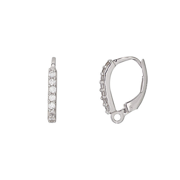 Ear wire, sterling silver and cubic zirconia, clear, 16mm leverback with closed loop. Sold per pair. image number 0