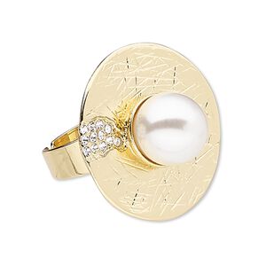 Ring, glass rhinestone / plastic pearl / gold-finished "pewter" (zinc-based alloy), white and clear, 30mm round, adjustable. Sold individually.