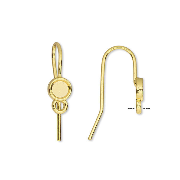 Ear wire, gold-finished brass, 14mm fishhook with 4mm round glue-in setting and closed loop, 18 gauge. Sold per pkg of 5 pairs. image number 0