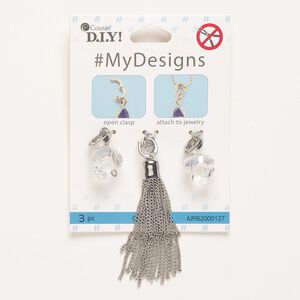 Focal and finding assortment, brass / steel / glass, pkg/3 antique silver finish and transparent clear AB, 14x13mm skull with hinged clasp and 2-inch tassel.