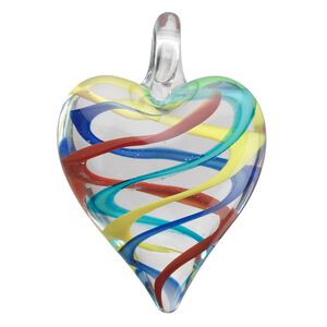 Pendant, lampworked glass, multicolored, 42x30mm double-sided heart with swirls. Sold individually.