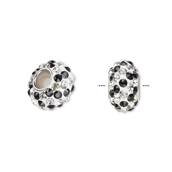 Bead, Dione®, Czech glass rhinestone / epoxy / imitation rhodium-plated brass grommet, white / black / clear, 13x8mm-14x8mm rondelle with spiral design, 4.5mm hole. Sold individually. image number 0