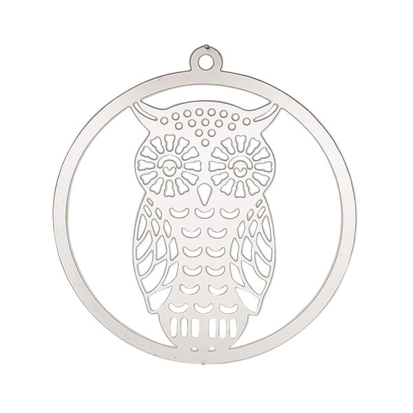 Focal, Lazer Lace™, stainless steel, 32mm single-sided domed open round with owl design. Sold per pkg of 2. image number 0